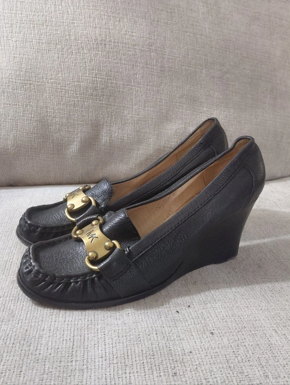 Michael Kors Black Leather Horse Bit Logo Wedges Size 8.5